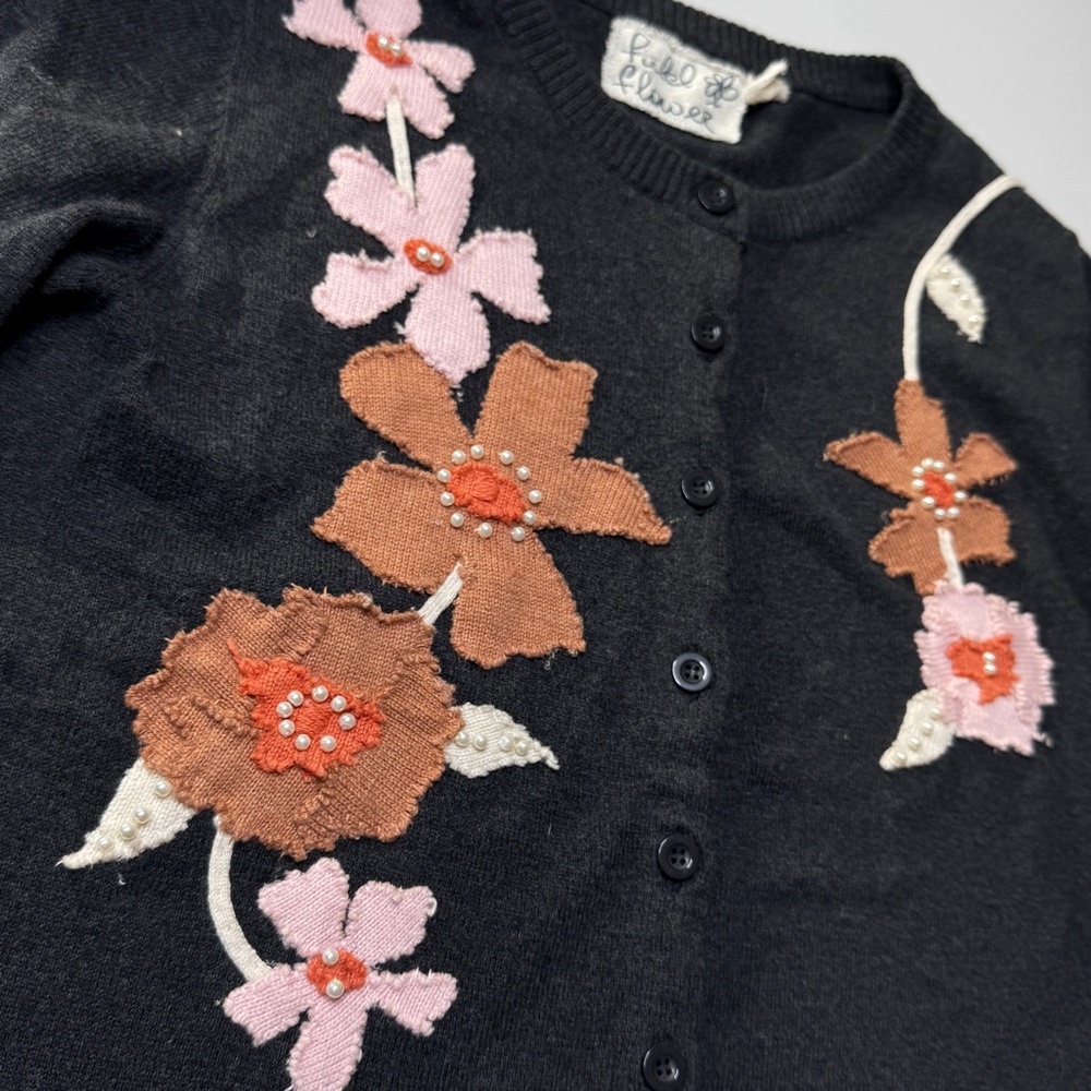 Anthropologie Field Flower charcoal flower and pearl embellished cardigan/S